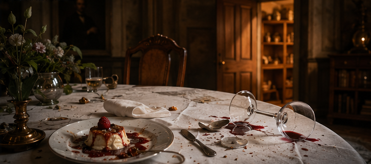 A country-house dinner table just after the blackout — dessert half-eaten, a wine glass knocked over, the host's chair empty.